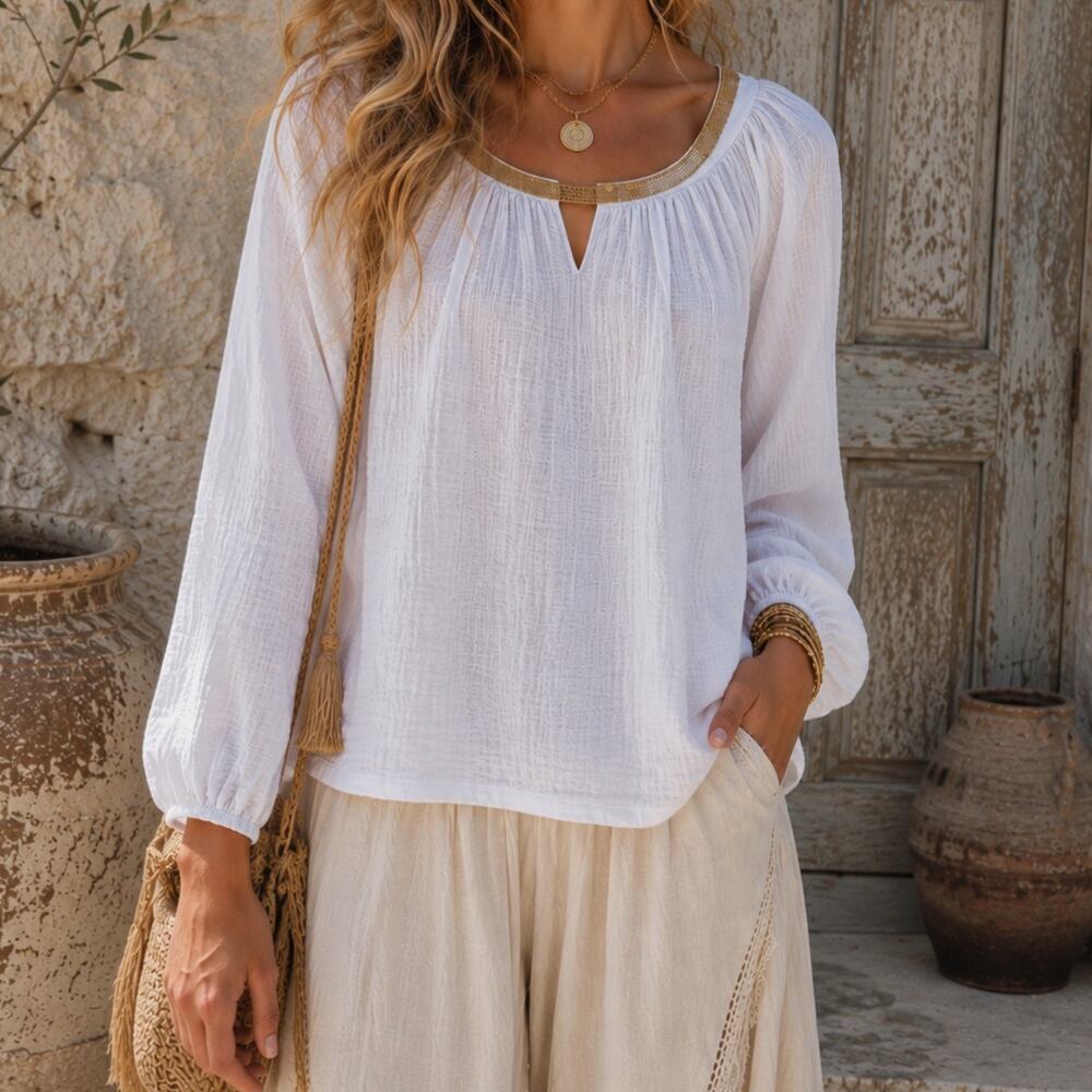 JM Collection White Gauze Coastal Cowgirl Blouse With Gold Neckline NWT Size S
